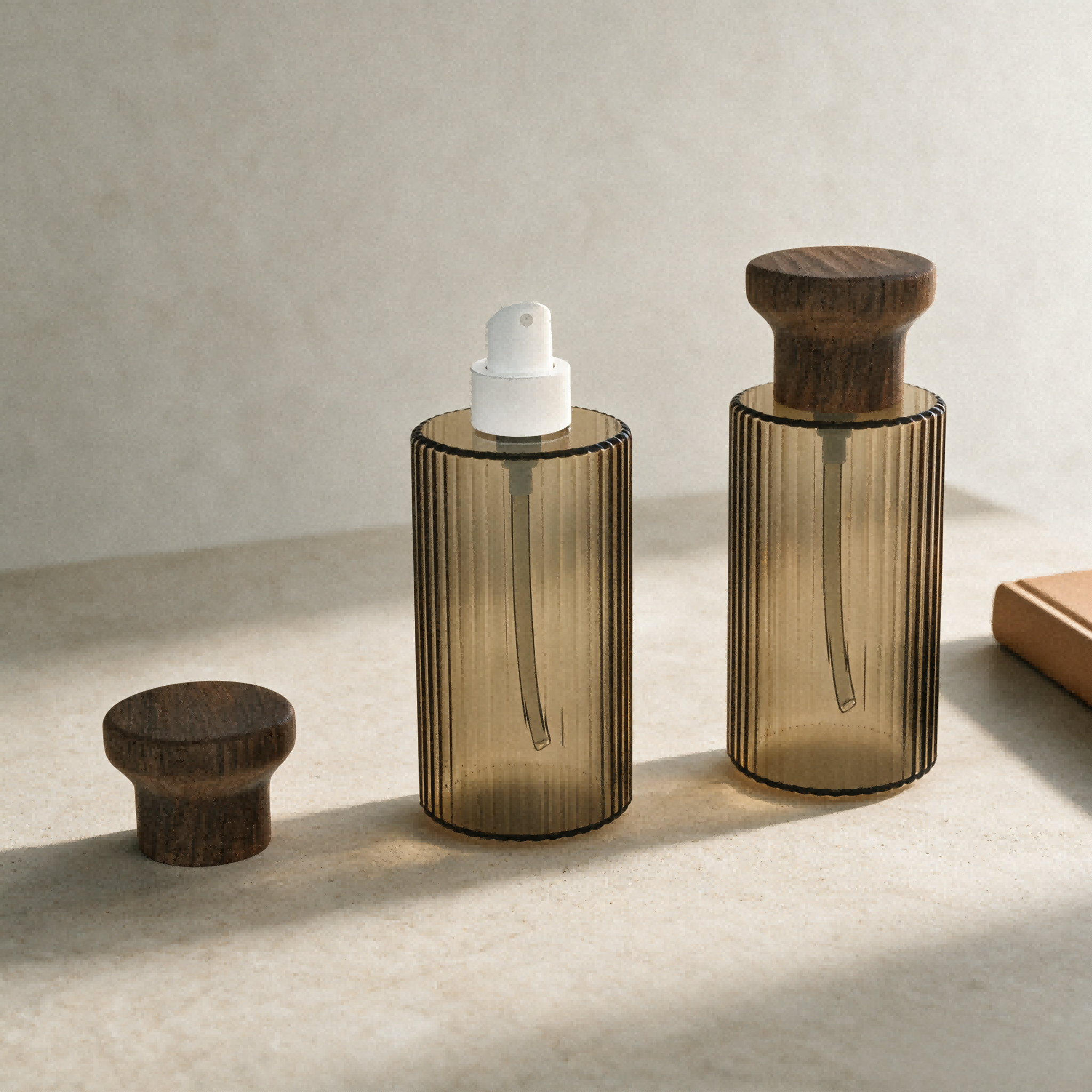 Vertical ribbed cylindrical spray bottle with interchangeable hourglass natural wood protective cap, fine mist pump empty refillable skincare mist container
